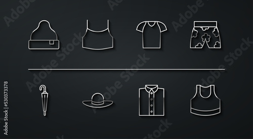 Set line Beanie hat, Umbrella, Swimming trunks, Shirt, Elegant women, Female crop top, and T-shirt icon. Vector