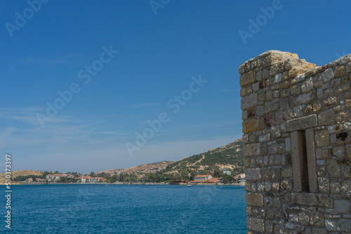 Beautiful Fo  a view from old Be  kap  lar castle. Fo  a coast  sea  town  hills and residences on the background. Copy space for text.