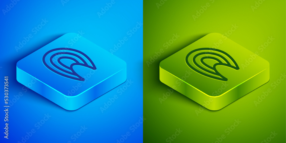 Isometric line Fish steak icon isolated on blue and green background. Square button. Vector Isometric line Fish steak icon isolated on blue and green background. Square button. Vector