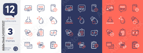 Set of Candlestick chart, Fake news and Water drop line icons. Include Ab testing, Fingerprint, Seo phone icons. Nasal test, Coronavirus report, Flash memory web elements. Calendar. Vector