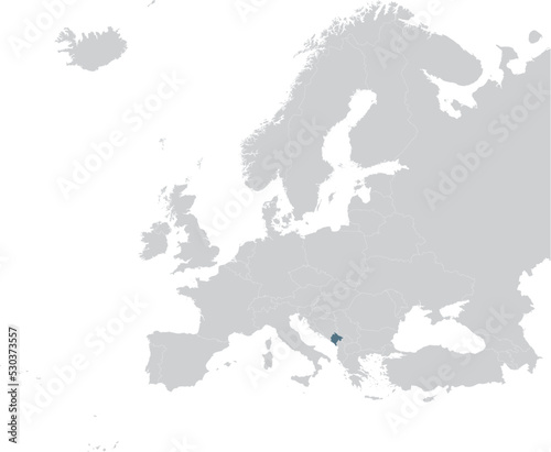 Blue Map of Montenegro within gray map of European continent