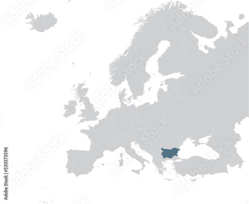 Blue Map of Bulgaria within gray map of European continent