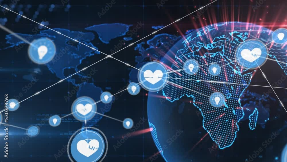 Animation of network of digital icons over world map and spinning globe against blue background Animation of network of digital icons over world map and spinning globe against blue background