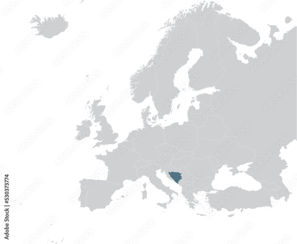 Blue Map of Bosnia and Herzegovina within gray map of European continent