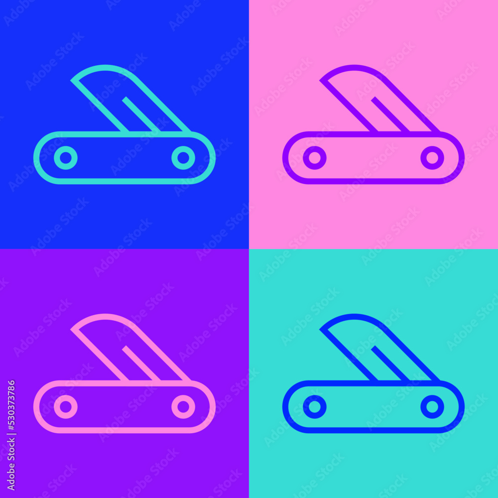 Pop art line Swiss army knife icon isolated on color background. Multi-tool, multipurpose penknife. Multifunctional tool. Vector Pop art line Swiss army knife icon isolated on color background. Multi-tool, multipurpose penknife. Multifunctional tool. Vector