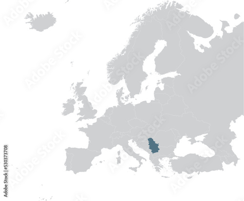 Blue Map of Serbia with Kosovo within gray map of European continent
