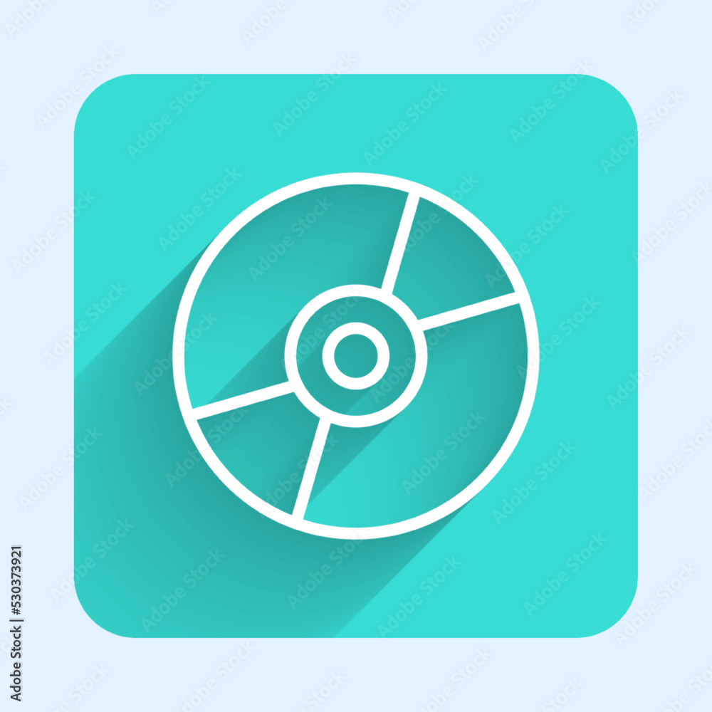 White line Vinyl disk icon isolated with long shadow background. Green square button. Vector White line Vinyl disk icon isolated with long shadow background. Green square button. Vector