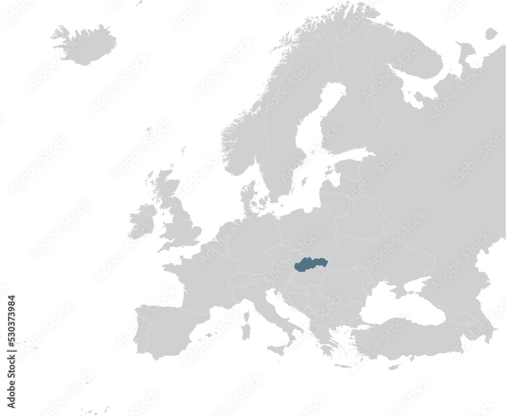 Obraz premium Blue Map of Slovakia within gray map of European continent