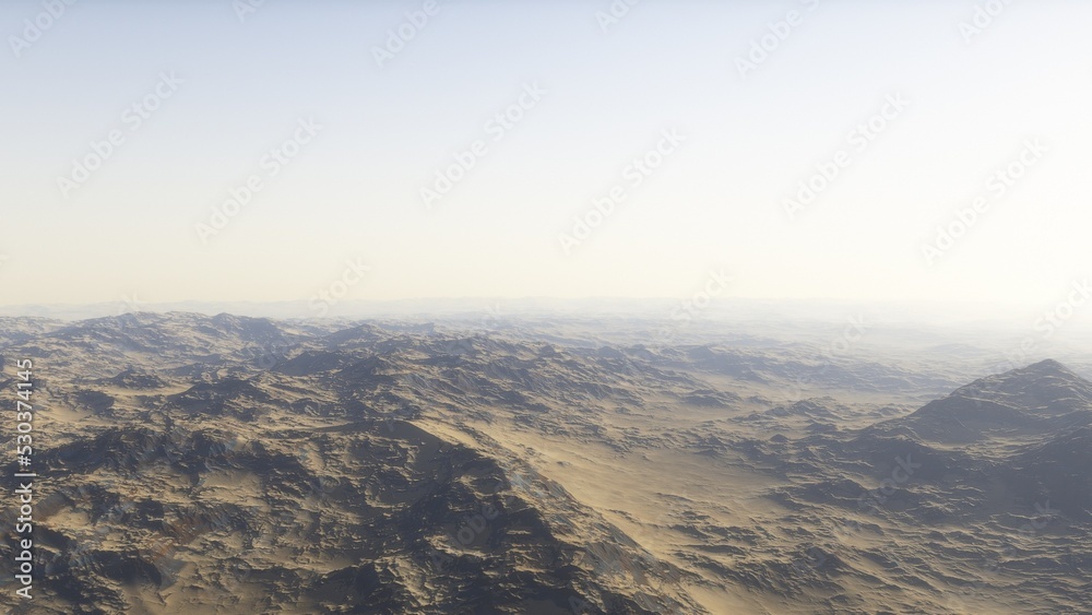 Mars like red planet, with arid landscape, rocky hills and mountains, for space exploration and science fiction backgrounds.
