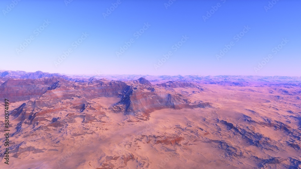 Fototapeta premium Mars like red planet, with arid landscape, rocky hills and mountains, for space exploration and science fiction backgrounds.