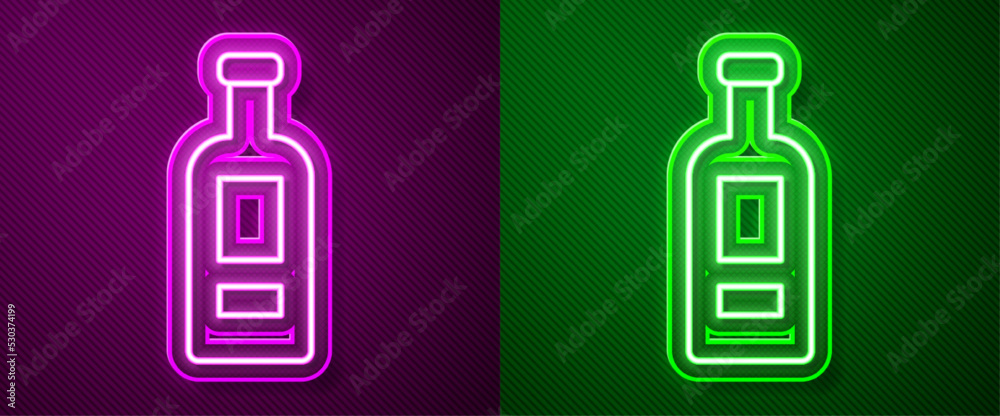 Glowing neon line Glass bottle of vodka icon isolated on purple and green background. Vector Glowing neon line Glass bottle of vodka icon isolated on purple and green background. Vector