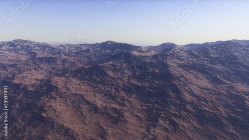 Mars like red planet  with arid landscape  rocky hills and mountains  for space exploration and science fiction backgrounds. 