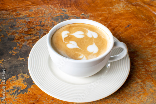 Coffee Cup on Table Against Landscape Scenery Mountain Hill Background