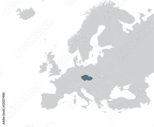 Blue Map of Czech Republic within gray map of European continent