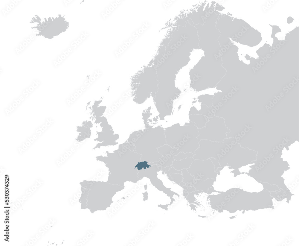 Obraz premium Blue Map of Switzerland within gray map of European continent