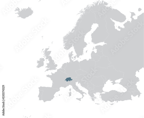 Blue Map of Switzerland within gray map of European continent