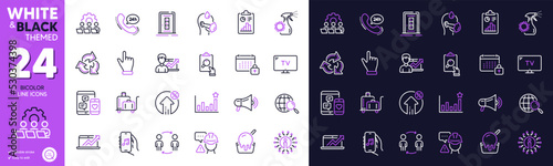 Teamwork  Workflow and Sick man line icons for website  printing. Collection of 24h service  Calendar  Click hand icons. Loan percent  Sales diagram  Builder warning web elements. Info. Vector