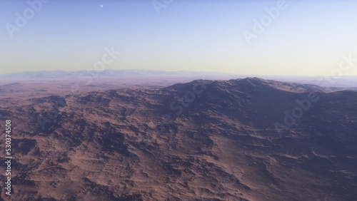 Mars like red planet, with arid landscape, rocky hills and mountains, for space exploration and science fiction backgrounds. 