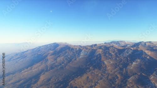 Mars like red planet, with arid landscape, rocky hills and mountains, for space exploration and science fiction backgrounds. 