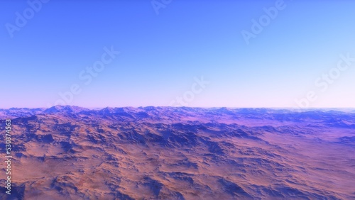 Mars like red planet  with arid landscape  rocky hills and mountains  for space exploration and science fiction backgrounds. 