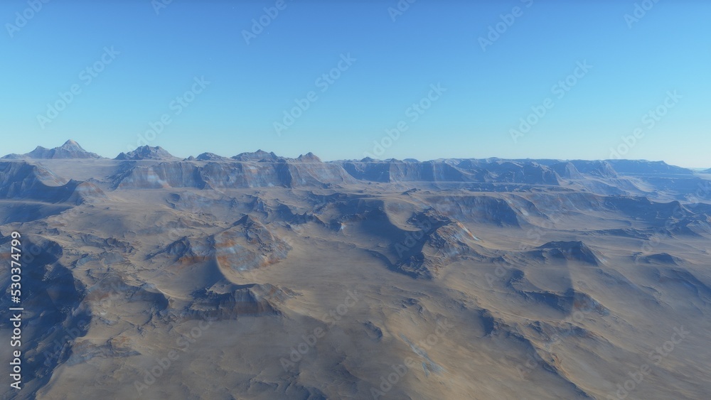 Mars like red planet, with arid landscape, rocky hills and mountains, for space exploration and science fiction backgrounds.
