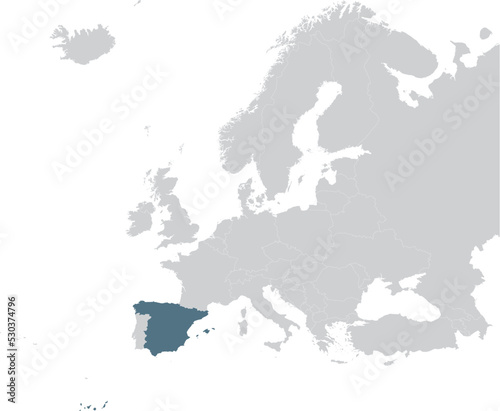 Blue Map of Spain within gray map of European continent