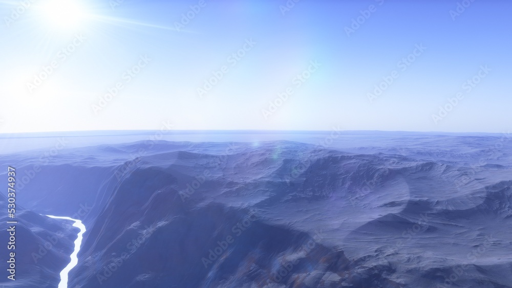 Fototapeta premium Mars like red planet, with arid landscape, rocky hills and mountains, for space exploration and science fiction backgrounds. 