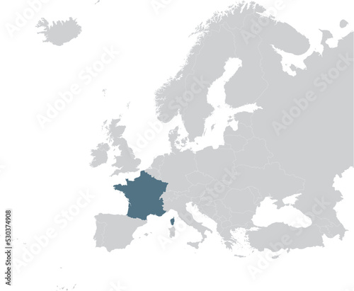 Blue Map of France within gray map of European continent