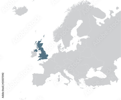 Blue Map of United Kingdom within gray map of European continent