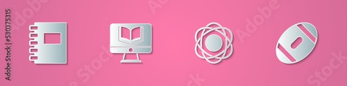 Set paper cut Spiral notebook, Online class, Atom and American Football ball icon. Paper art style. Vector