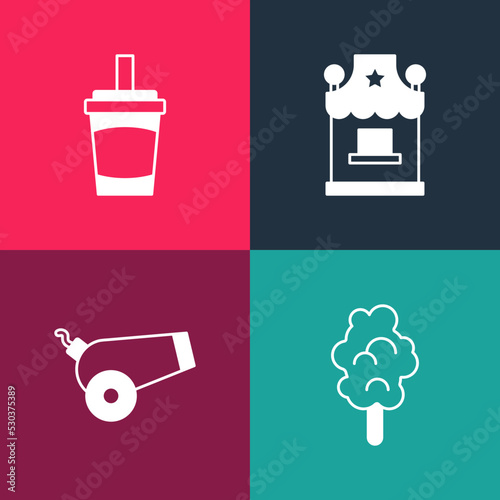 Set pop art Cotton candy, Cannon, Ticket box office and Paper glass with water icon. Vector