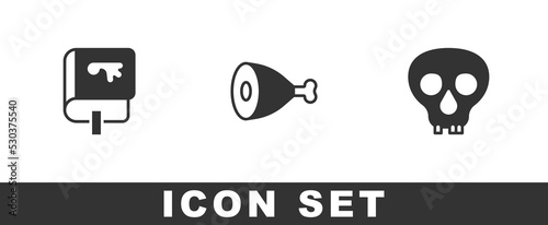 Set Viking book, Chicken leg and Skull icon. Vector