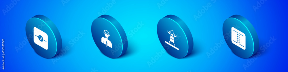 Set Isometric Voltmeter, Electric tower line, Electrical transformer and Electrician icon. Vector Set Isometric Voltmeter, Electric tower line, Electrical transformer and Electrician icon. Vector