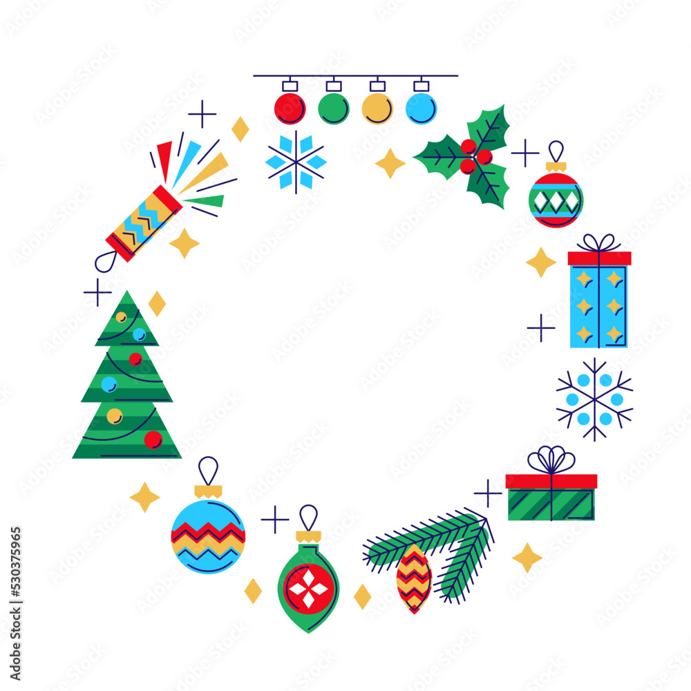 Merry Christmas and Happy New Year frame. Holiday winter seasonal objects. Merry Christmas and Happy New Year frame. Holiday winter seasonal objects.