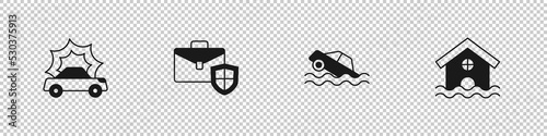 Set Car accident, Briefcase with shield, Flood car and House flood icon. Vector