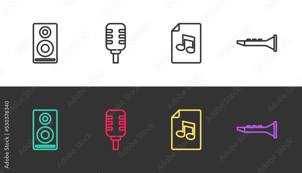 Fototapeta premium Set line Stereo speaker, Microphone, Music book with note and Clarinet on black and white. Vector