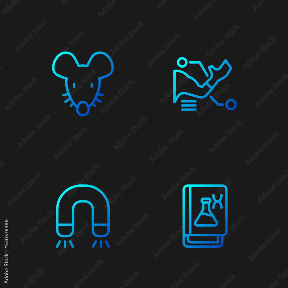 Set line Genetic engineering book, Magnet, Experimental mouse and Prosthesis hand. Gradient color icons. Vector