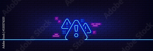 Neon light glow effect. Warning line icon. Attention triangle sign. Caution alert symbol. 3d line neon glow icon. Brick wall banner. Warning outline. Vector
