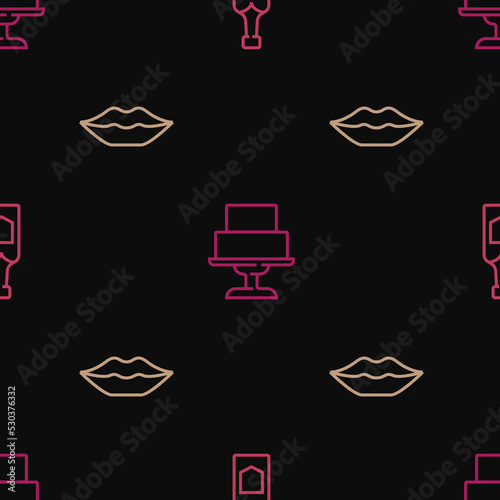 Set line Champagne bottle, Smiling lips and Wedding cake on seamless pattern. Vector