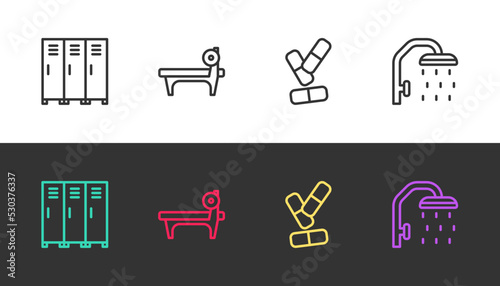 Set line Locker or changing room, Bench with barbel, Vitamin pill and Shower head on black and white. Vector