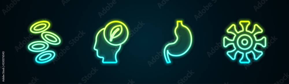 Set line Hemoglobin, Human head with leaf inside, stomach and Bacteria. Glowing neon icon. Vector Set line Hemoglobin, Human head with leaf inside, stomach and Bacteria. Glowing neon icon. Vector