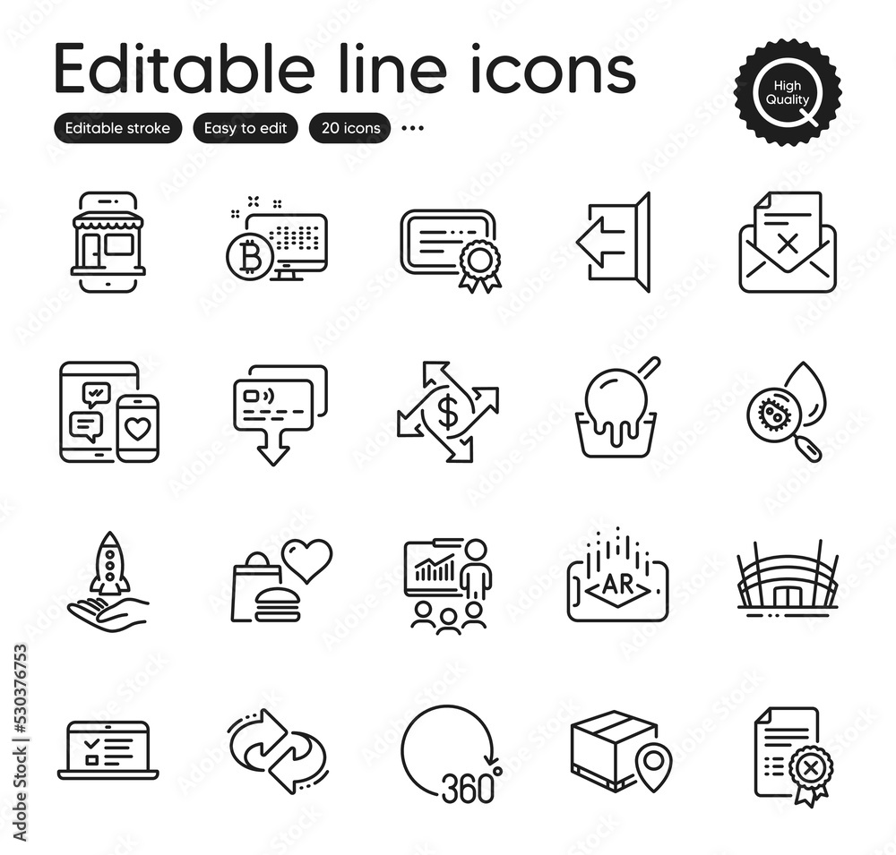 Set of Business outline icons. Contains icons as Sign out, Parcel tracking and Crowdfunding elements. Payment exchange, Augmented reality, 360 degrees web signs. Presentation. Vector