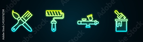 Set line Paint brush, roller, spray gun and bucket with. Glowing neon icon. Vector