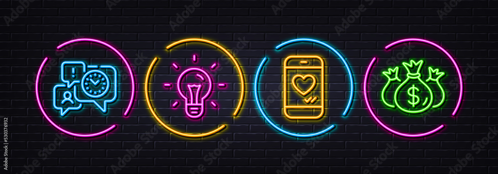 Naklejka premium Idea, Time management and Love chat minimal line icons. Neon laser 3d lights. Check investment icons. For web, application, printing. Light bulb, Office chat, Smartphone. Business report. Vector