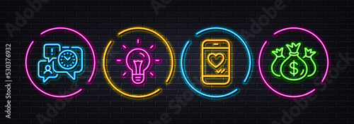 Idea, Time management and Love chat minimal line icons. Neon laser 3d lights. Check investment icons. For web, application, printing. Light bulb, Office chat, Smartphone. Business report. Vector