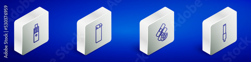 Set Isometric line Vape mod device, Lighter, Medical nicotine patches and Cigarette icon. Vector