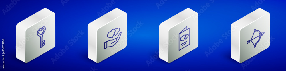 Fototapeta premium Set Isometric line Key in heart shape, Heart hand, Valentines day flyer and Bow arrow icon. Vector