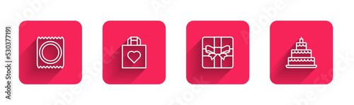 Set line Condom in package, Shopping bag with heart, Gift box and Wedding cake with long shadow. Red square button. Vector