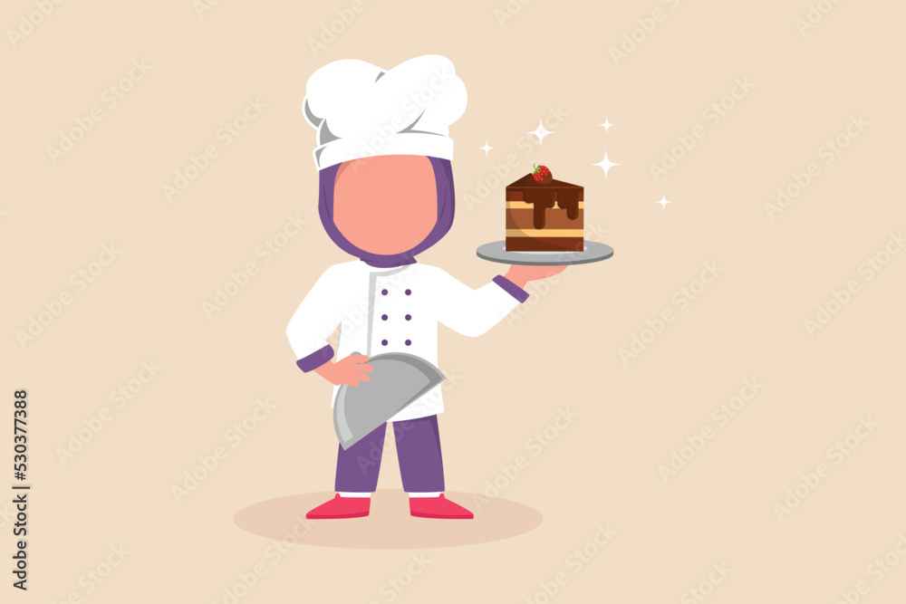 Happy cute girl chef dressed in uniform holding plate with piece of cake. Cooking concept. Vector illustration.