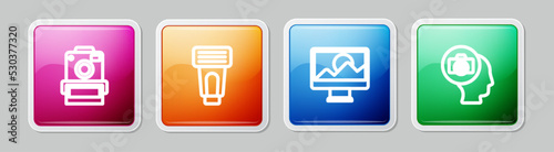 Set line Photo camera, flash, retouching and . Colorful square button. Vector